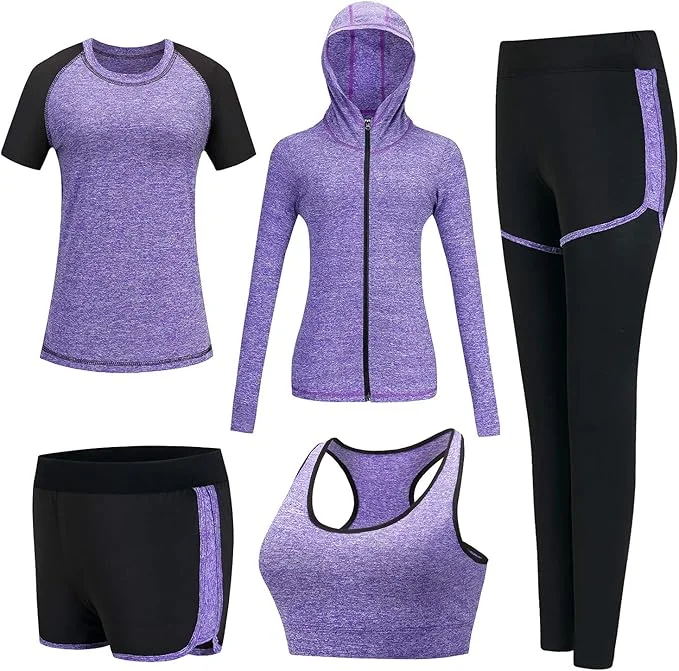 5pcs Workout Outfits for Women Athletic Sets Sport Suits Yoga Gym Fitness Exercise Clothes Jogging Tracksuits 5pcs Workout Outfits for Women